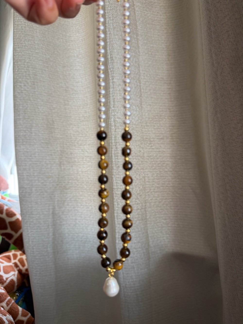 Pearl & Tiger Eye Beaded Necklace - Elegant Brown and White